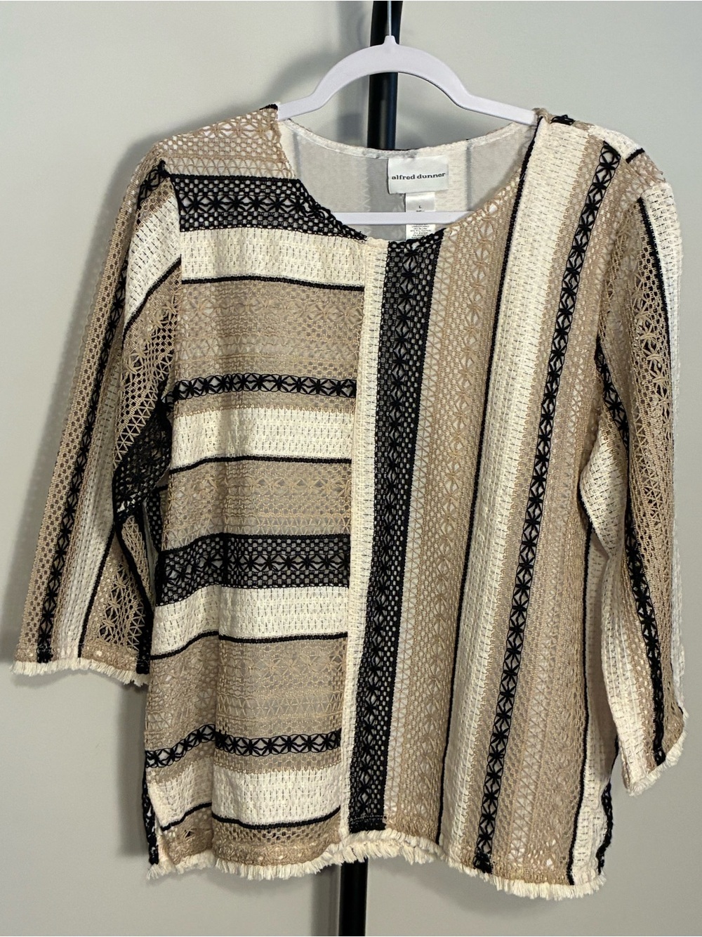 Alfred Dunner Beige, Cream & Black Crochet Stripe Top Large